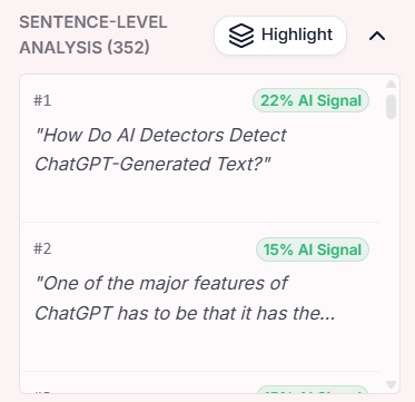 AIDetector.cx Sentence-Level AI Detection Analysis with click-to-highlight navigation