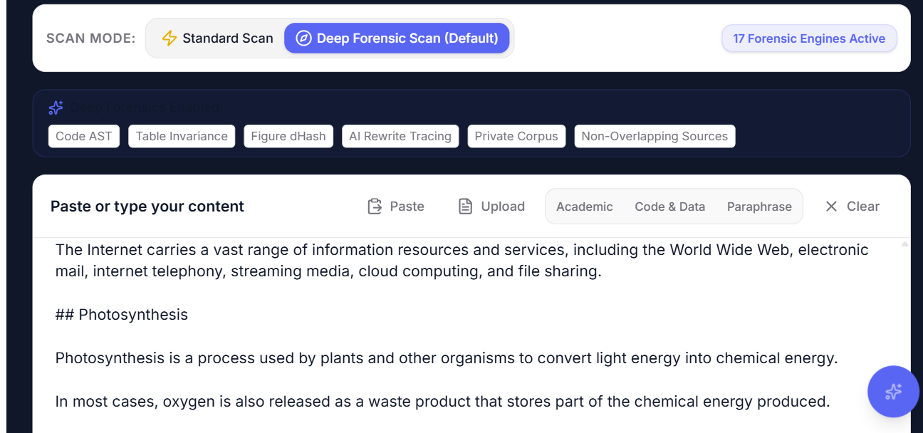 Live Plagiarism Checker scan mode toggle between Standard Scan and Deep Forensic Scan with active forensic engine badges