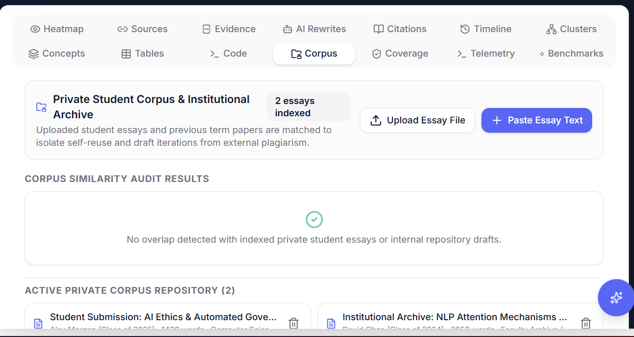 Private Student Corpus and Institutional Archive interface showing indexed essays, upload controls, and localized similarity audit results