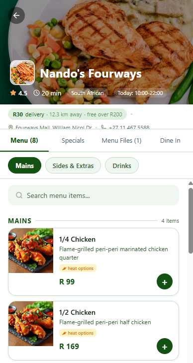 Customer browsing a restaurant menu and adding items to cart on Foodusty