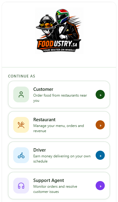 Foodusty app role selection screen showing Customer, Restaurant, Driver, and Support Agent options