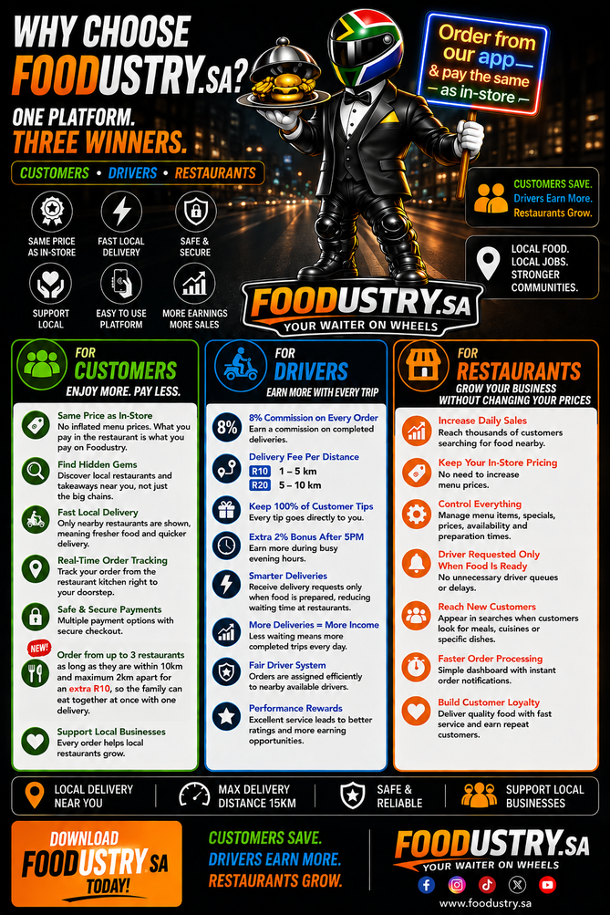 Foodustry marketing poster showing customer, driver, and restaurant benefits
