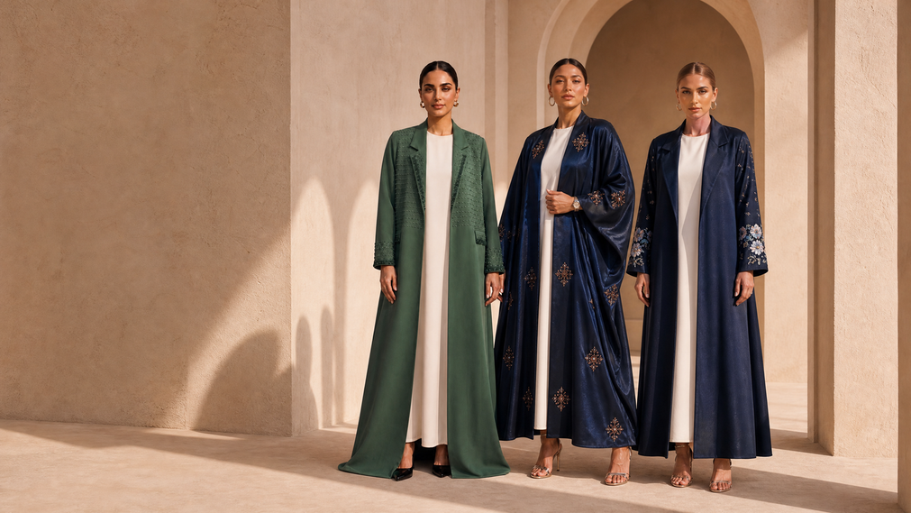 Lulu N Stitch luxury abaya collection — green and navy embroidered abayas