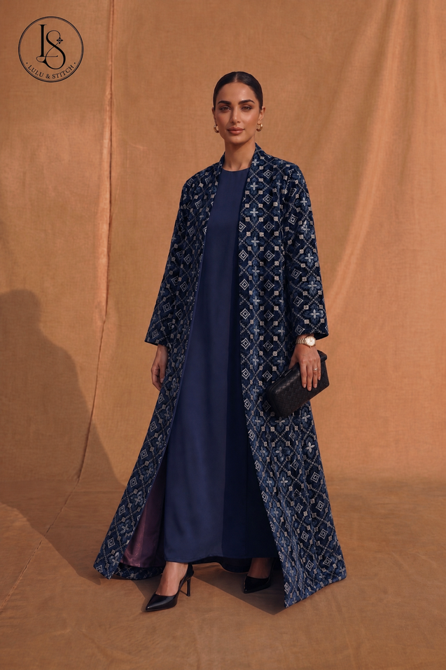 Model wearing Lulu N Stitch navy geometric abaya — perfect fit