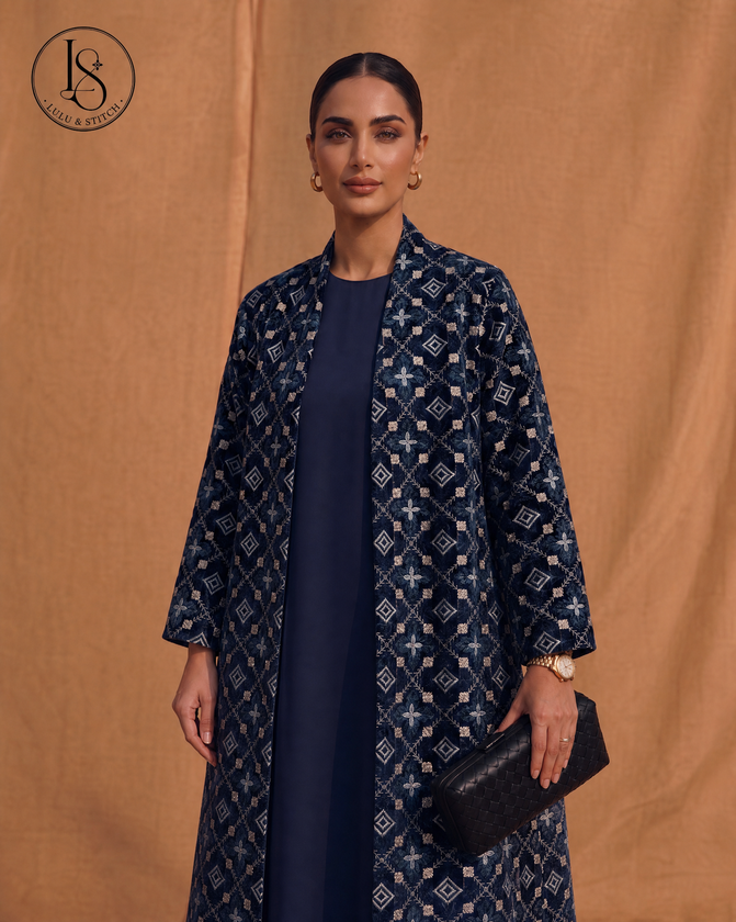 Navy geometric embroidered abaya — Lulu N Stitch collection
