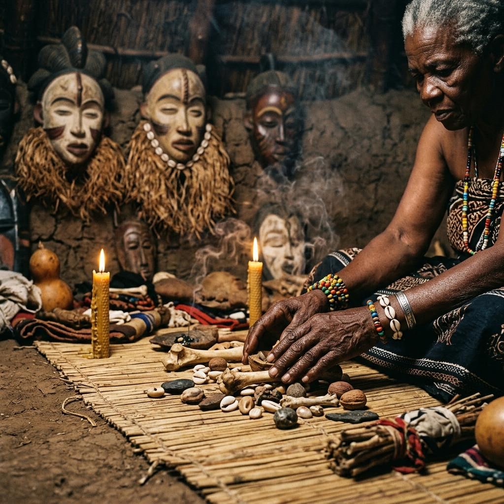 Traditional African elder priestess at ancestral sanctuary altar for generational curse shield and ancestral protection